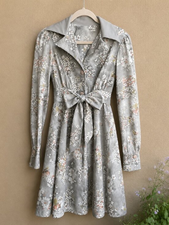 Vintage Dresses & Skirts - Vintage 70s Gray Floral Secretary Dress Dagger Collar Bishop Sleeve Size 11 S